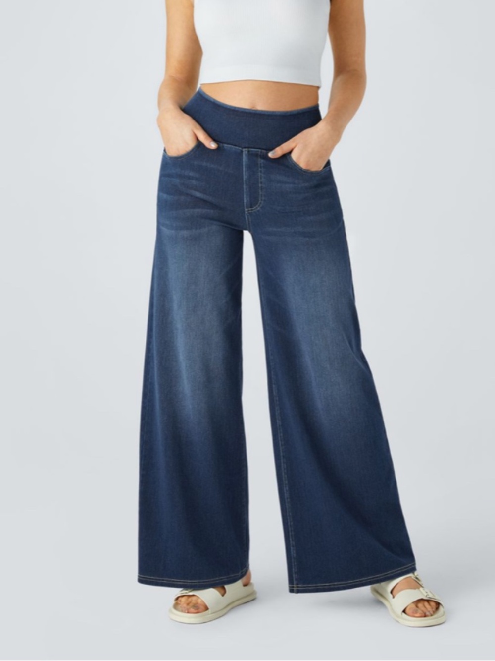 Halara Flex High Waisted Pockets Baggy Wide Leg Washed Casual Jeans (M)